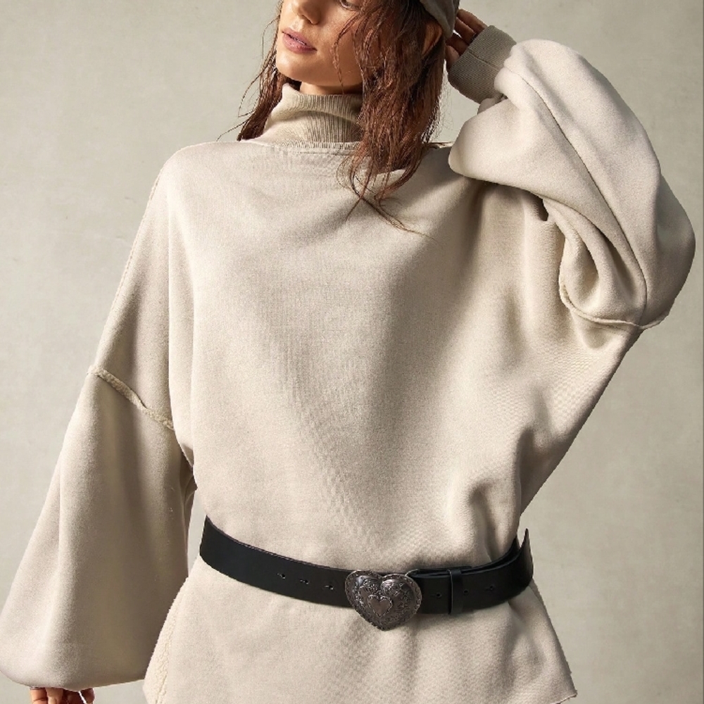 Leisure Solid Color Knitted Turtleneck Dropped Shoulder Lantern Sleeve Loose Wom - Picture 4 of 6